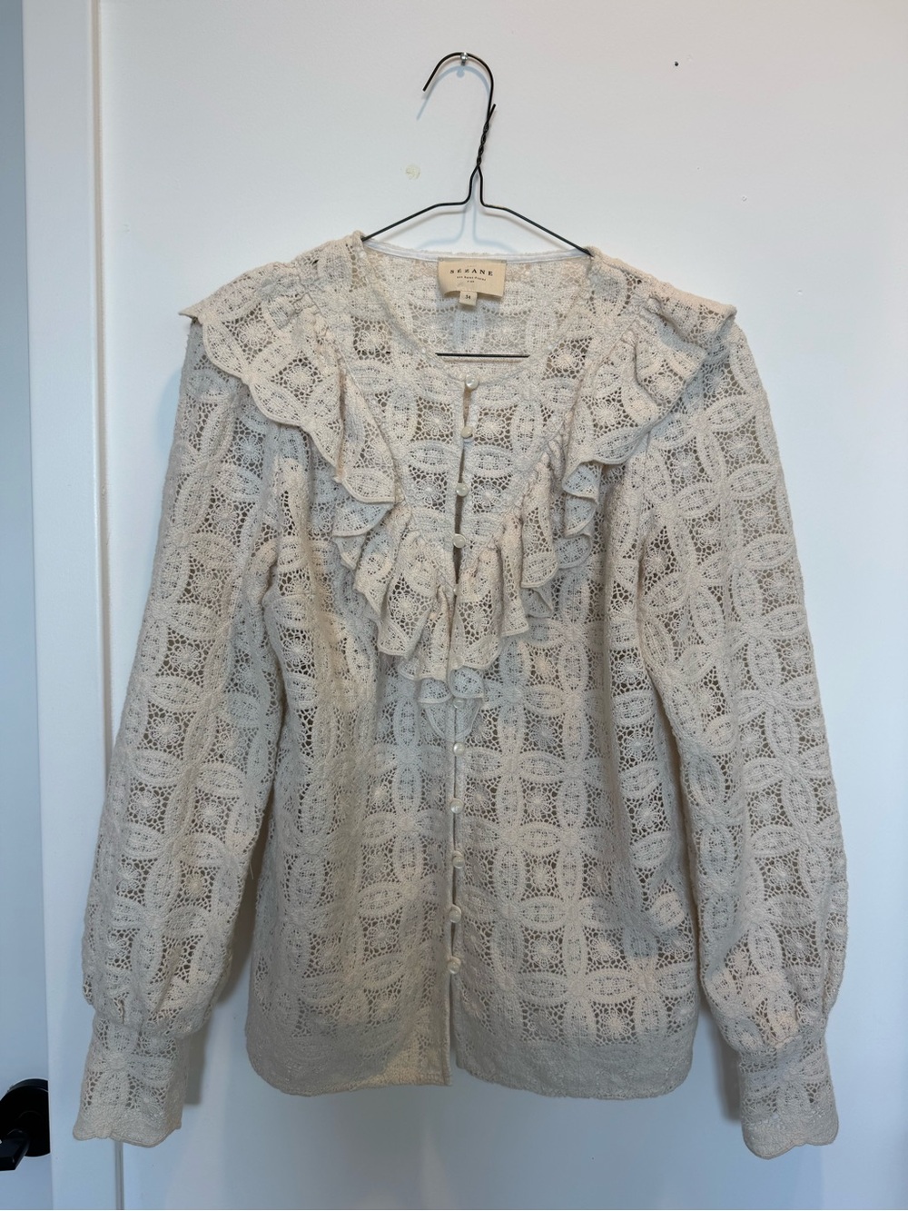 Sézane Cream Lace Ruffle-Front Blouse